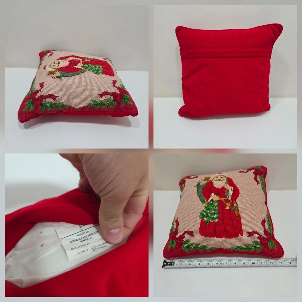 Vintage Needle Point Pillow Cover, Pillow, Santa, Red, Zip Back